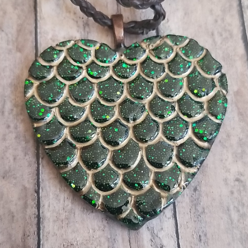 Large Mermaid Scales Heart Resin Necklace